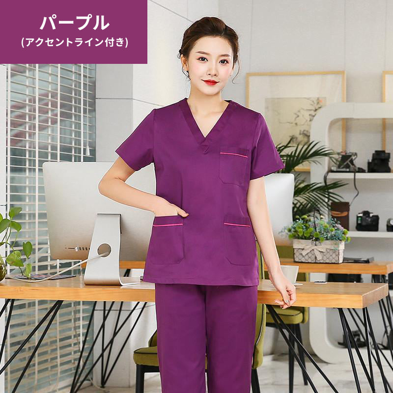 スクラブ上下セット 半袖 ラインアクセント付き 女性用 S〜XXL 4色
