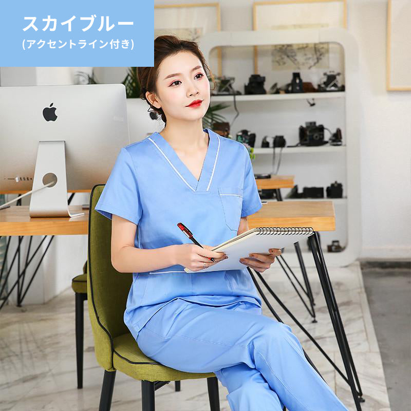 スクラブ上下セット 半袖 ラインアクセント付き 女性用 S〜XXL 4色
