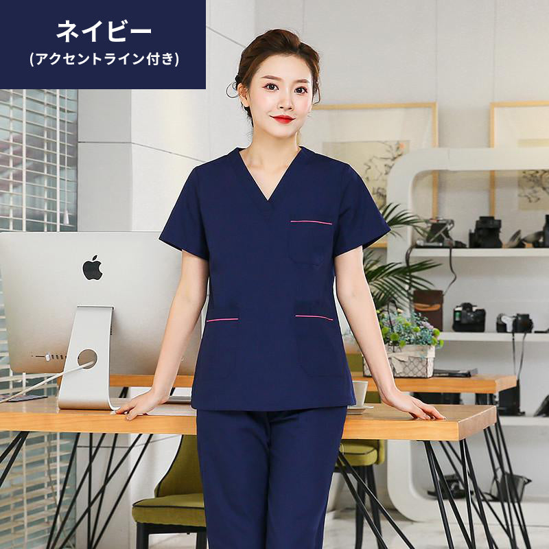 スクラブ上下セット 半袖 ラインアクセント付き 女性用 S〜XXL 4色