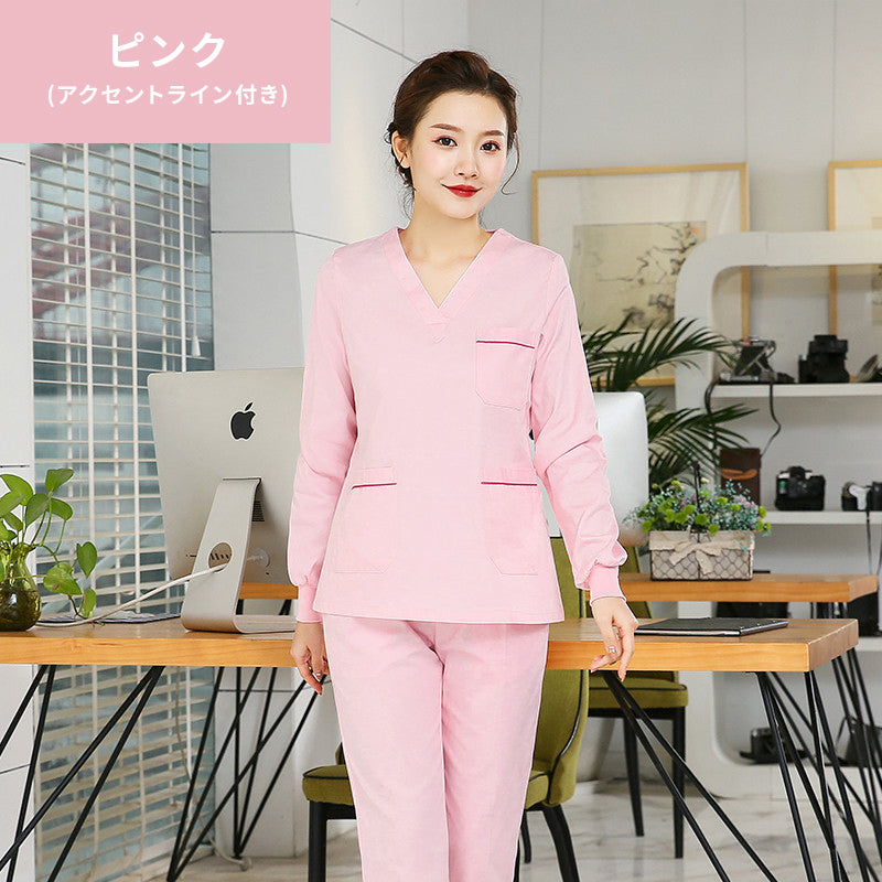 スクラブ上下セット 長袖 ラインアクセント付き 女性用 S〜XXL 4色