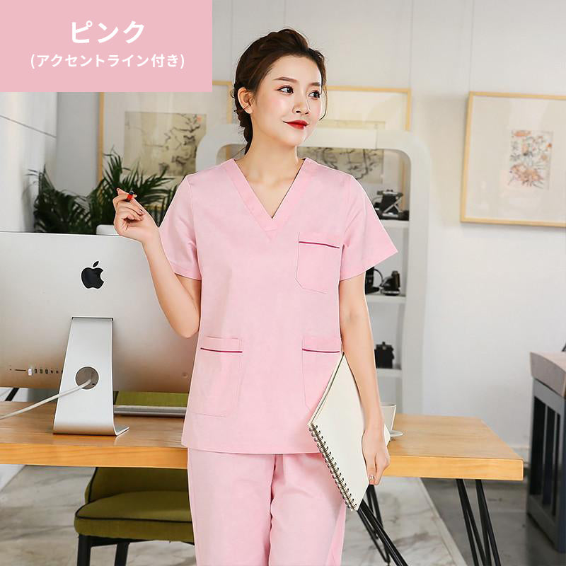 スクラブ上下セット 半袖 ラインアクセント付き 女性用 S〜XXL 4色