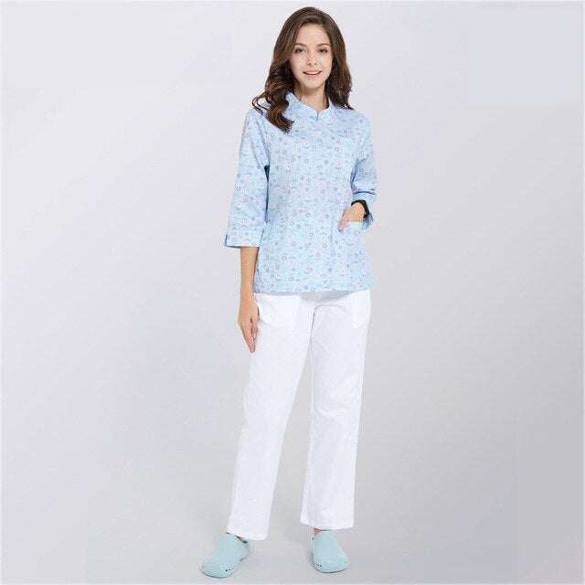 スクラブ上下セット 7分袖 女性用 花柄プリント XS〜2XL