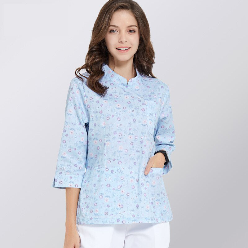 スクラブ上下セット 7分袖 女性用 花柄プリント XS〜2XL