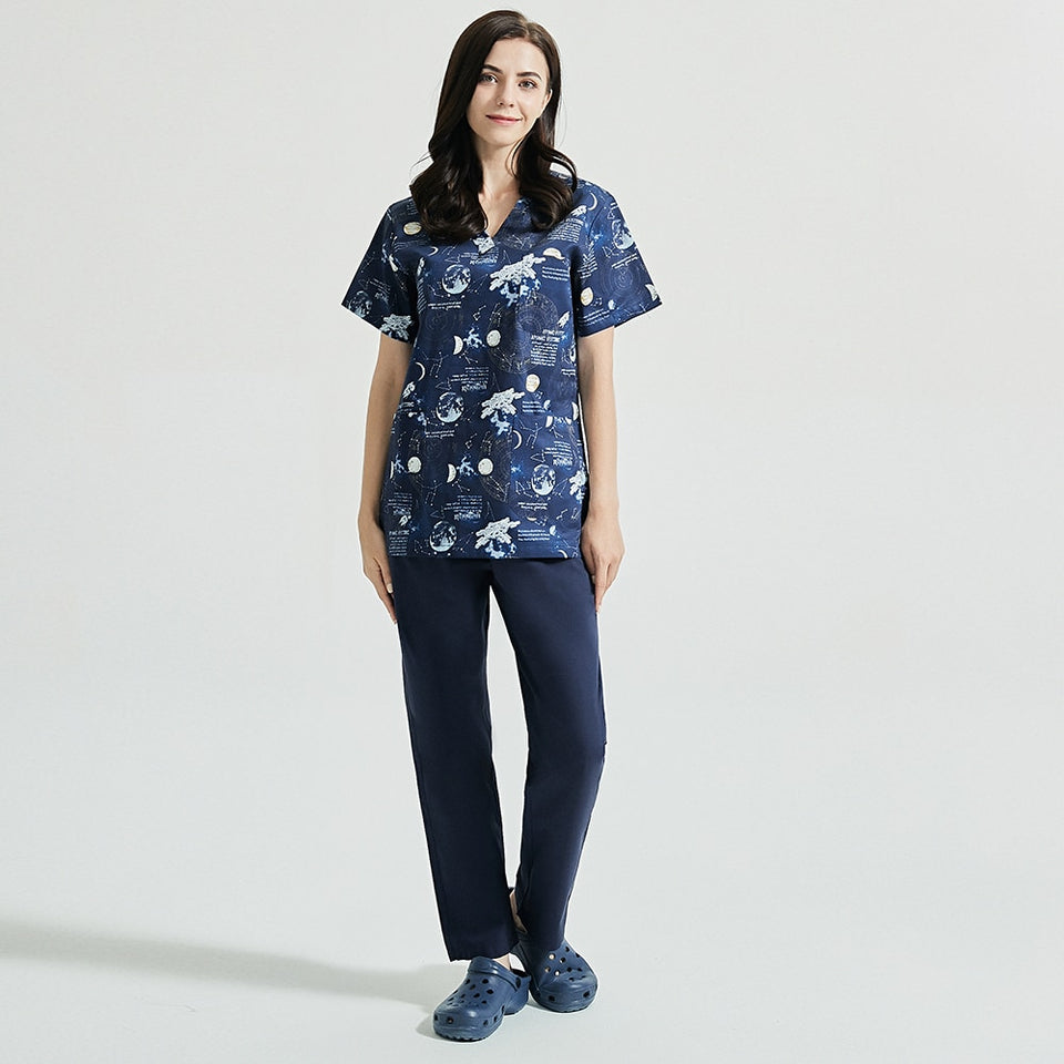 スクラブ上下セット 半袖 星空プリント セパレート販売あり