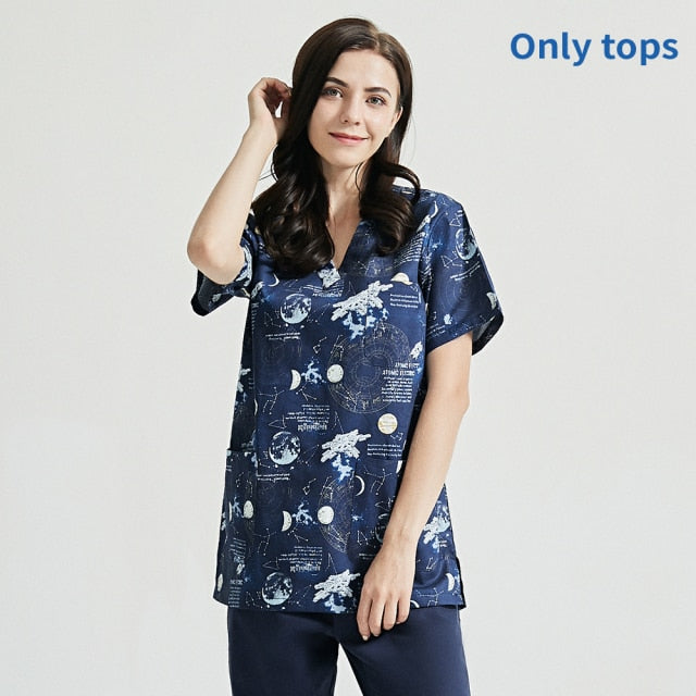 スクラブ上下セット 半袖 星空プリント セパレート販売あり