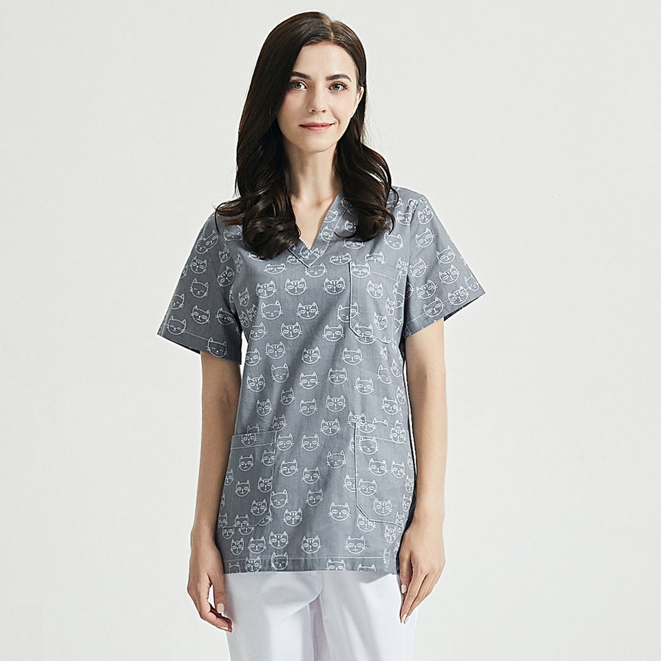 スクラブ上下セット 半袖 ネコのイラスト セパレート販売あり