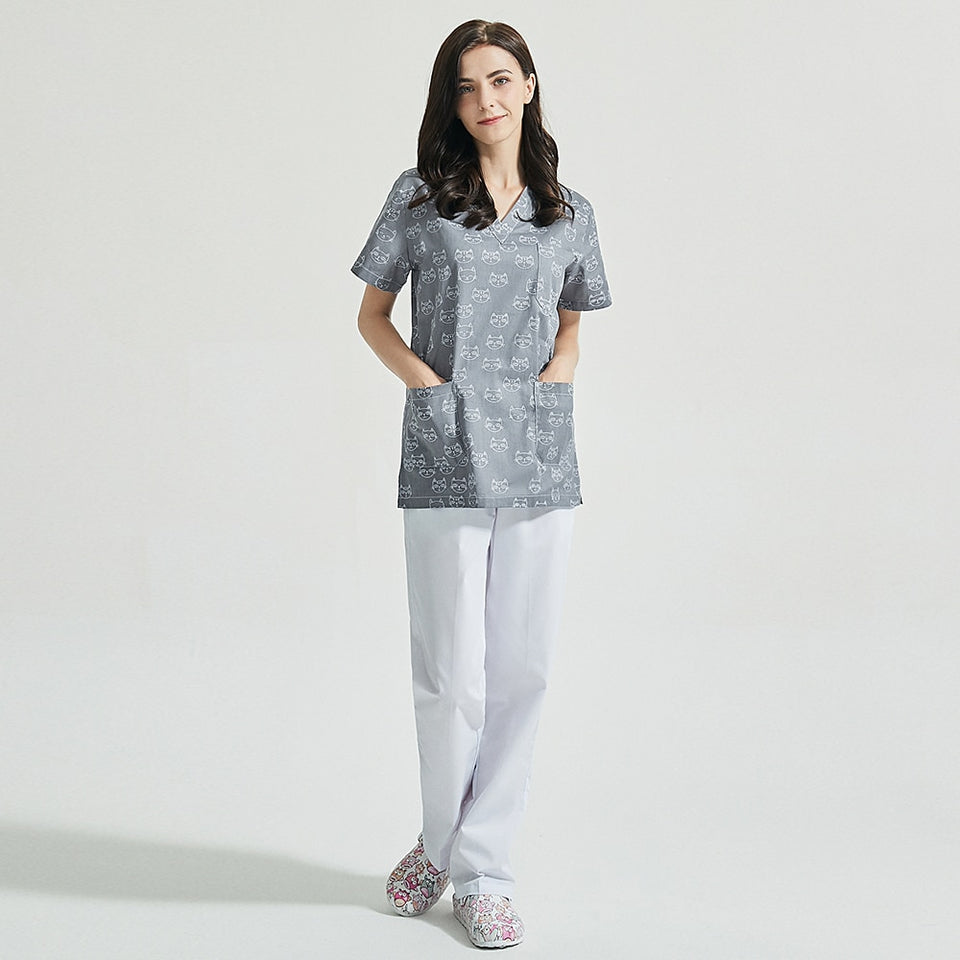 スクラブ上下セット 半袖 ネコのイラスト セパレート販売あり