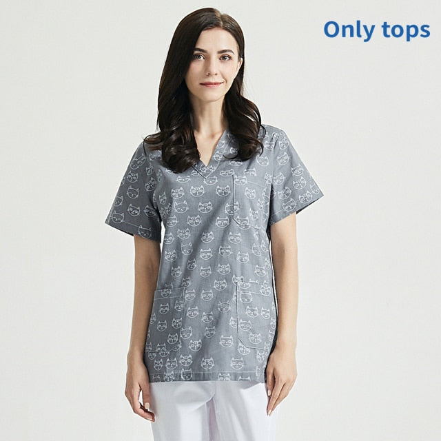 スクラブ上下セット 半袖 ネコのイラスト セパレート販売あり