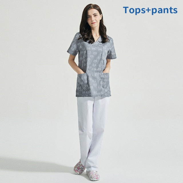 スクラブ上下セット 半袖 ネコのイラスト セパレート販売あり