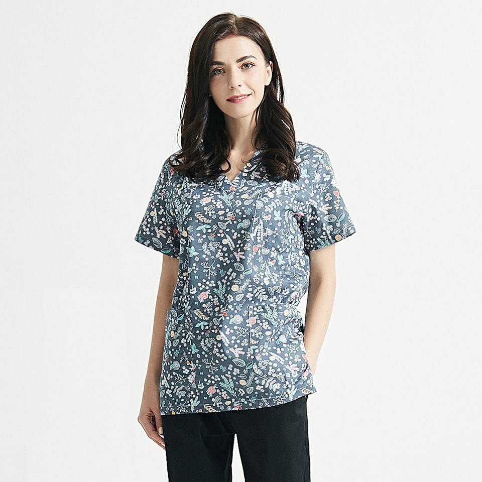 スクラブ上下セット 半袖 花柄プリント セパレート販売あり