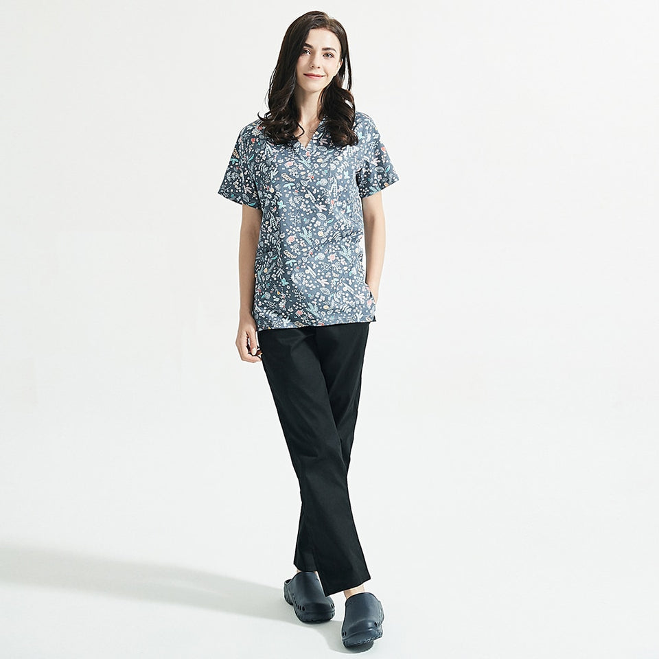 スクラブ上下セット 半袖 花柄プリント セパレート販売あり