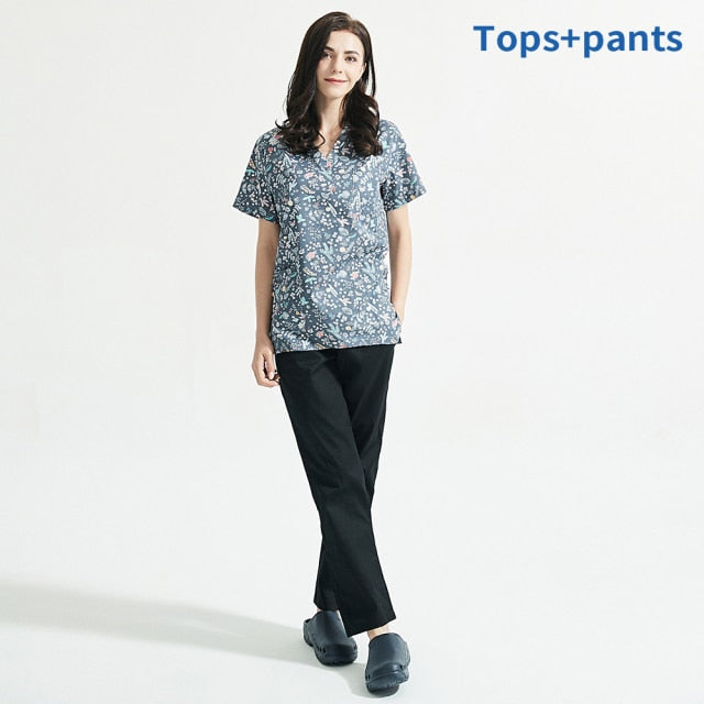 スクラブ上下セット 半袖 花柄プリント セパレート販売あり