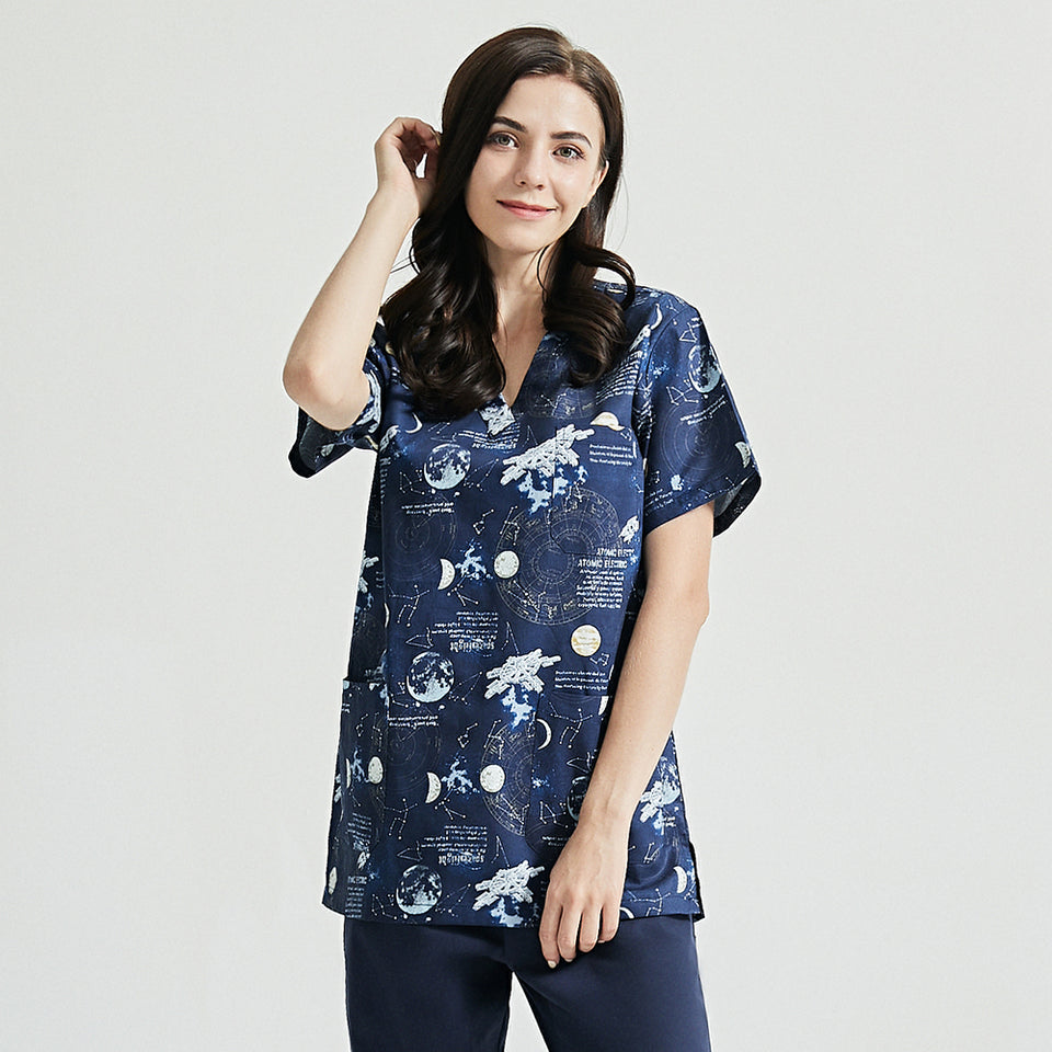 スクラブ上下セット 半袖 星空プリント セパレート販売あり