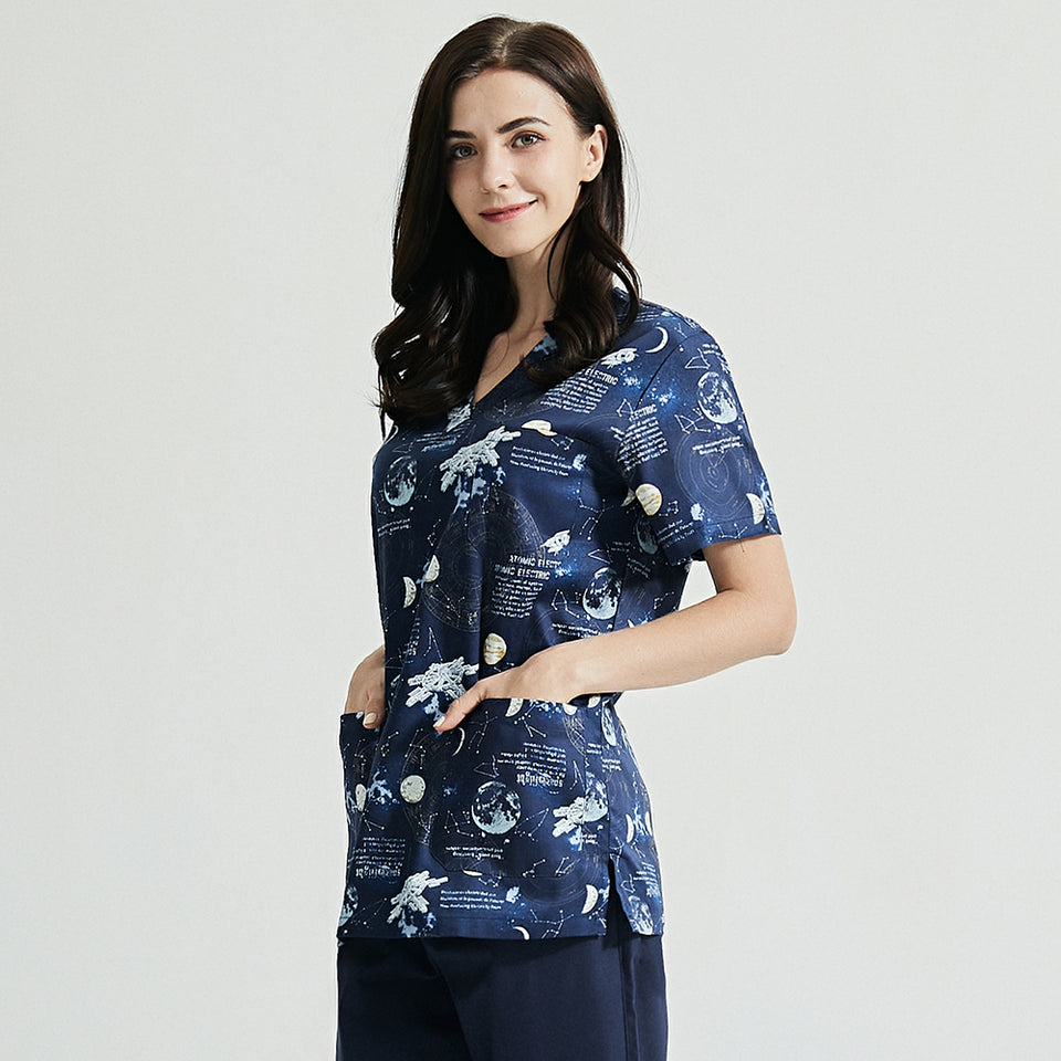 スクラブ上下セット 半袖 星空プリント セパレート販売あり